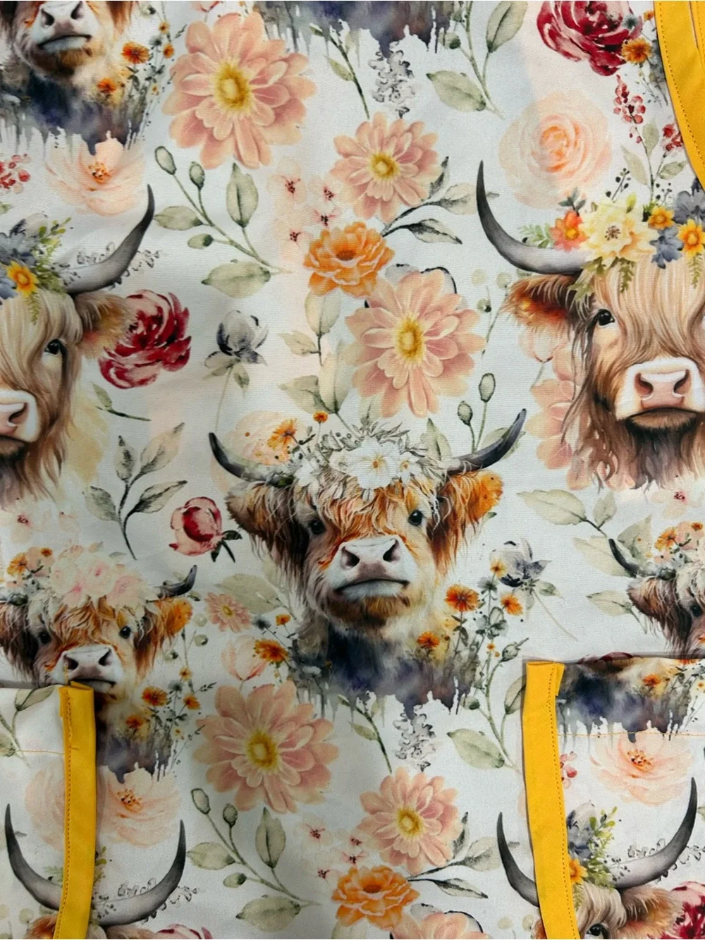 Handmade Highland Cow Floral Apron Farmhouse Kitchen Cooking Gardening Gift OS